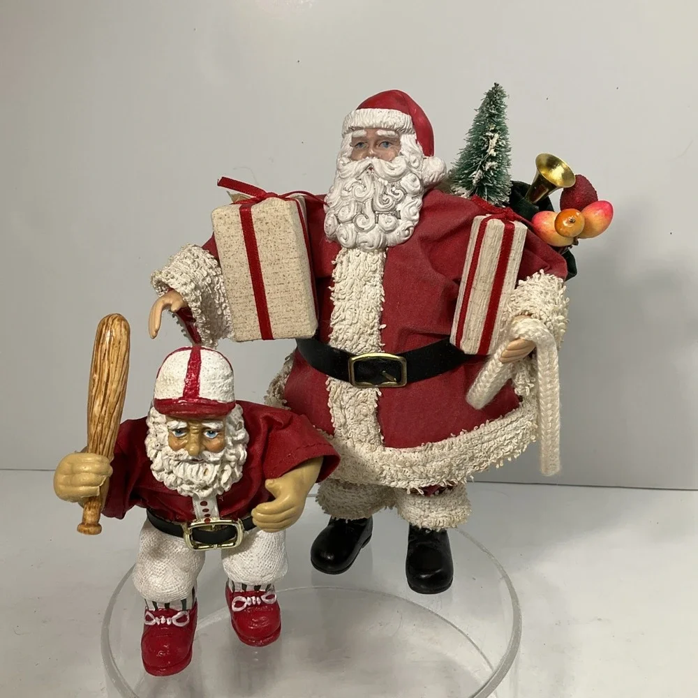 Vintage Fabric Mache Santa's 1 W/Gifts &‎ 1 Baseball Santa Good Condition No Box